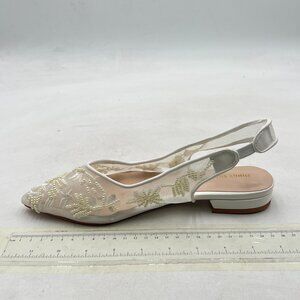 White Women's Pearl Mesh Slingback Block Low Heels Pointed Toe Slip On Shoes